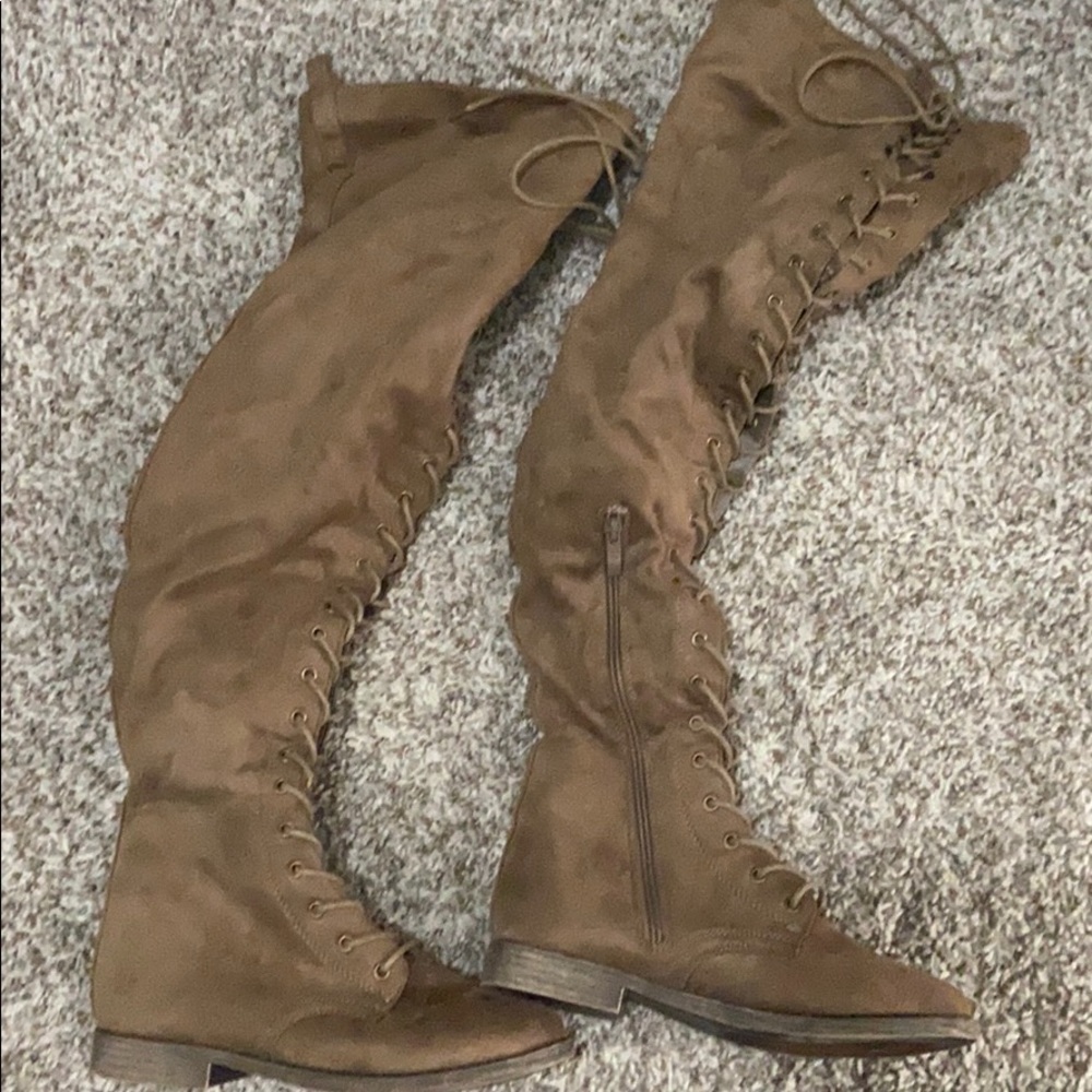 Thigh high brown faux boots